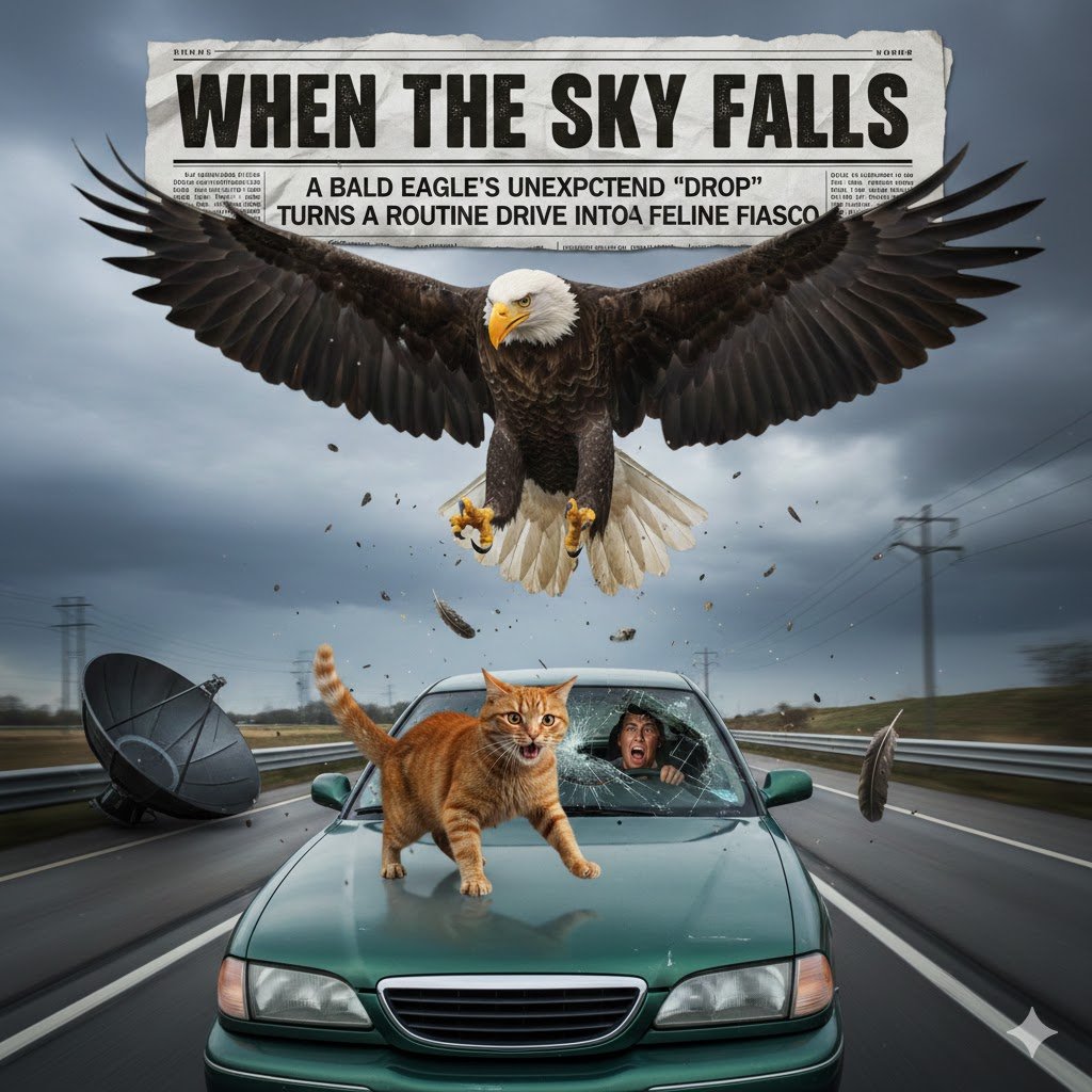 When the Sky Falls: A Bald Eagle's Unexpected "Drop" Turns a Routine Drive into a Feline Fiasco